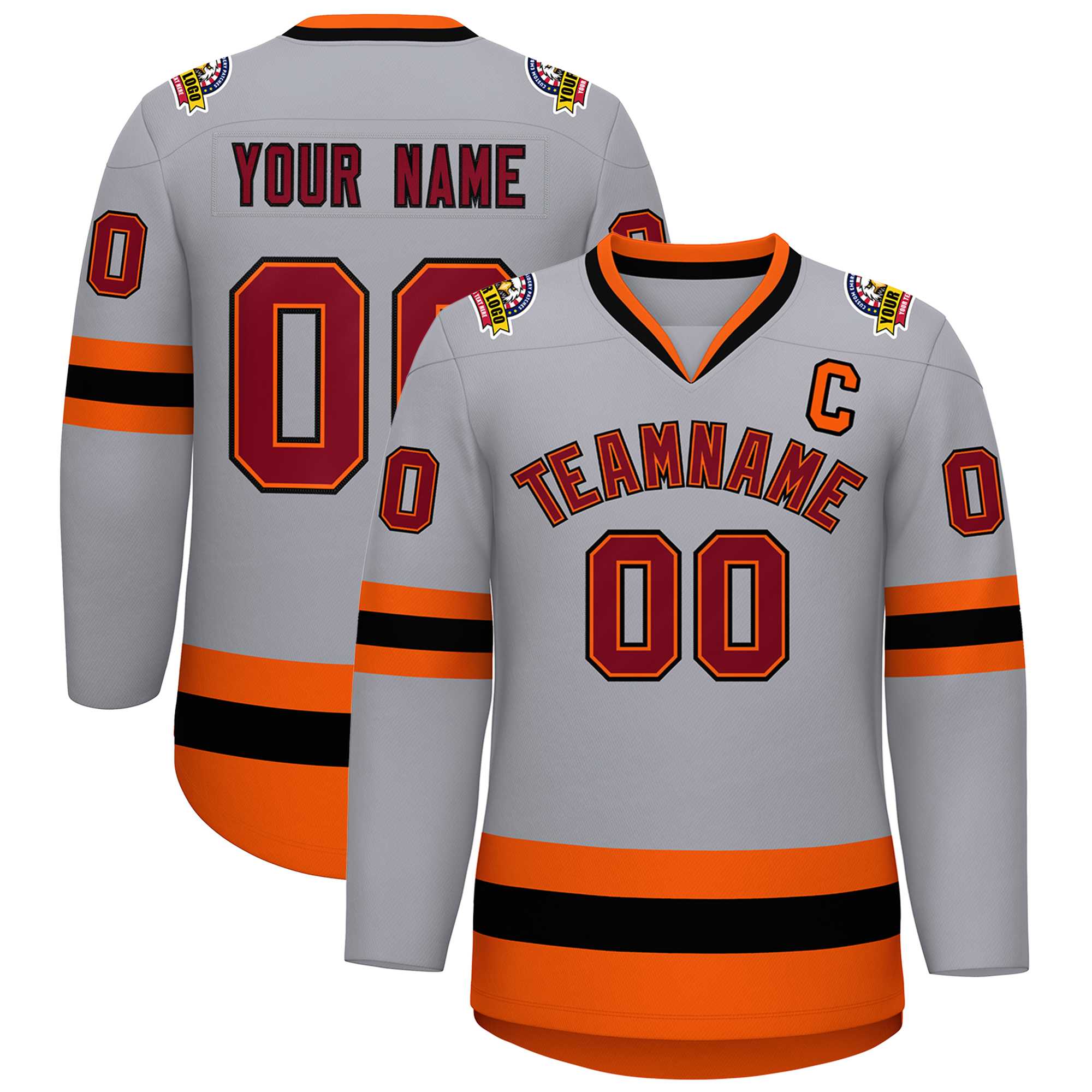 Maillot de hockey de style classique gris cramoisi orange-noir personnalisé