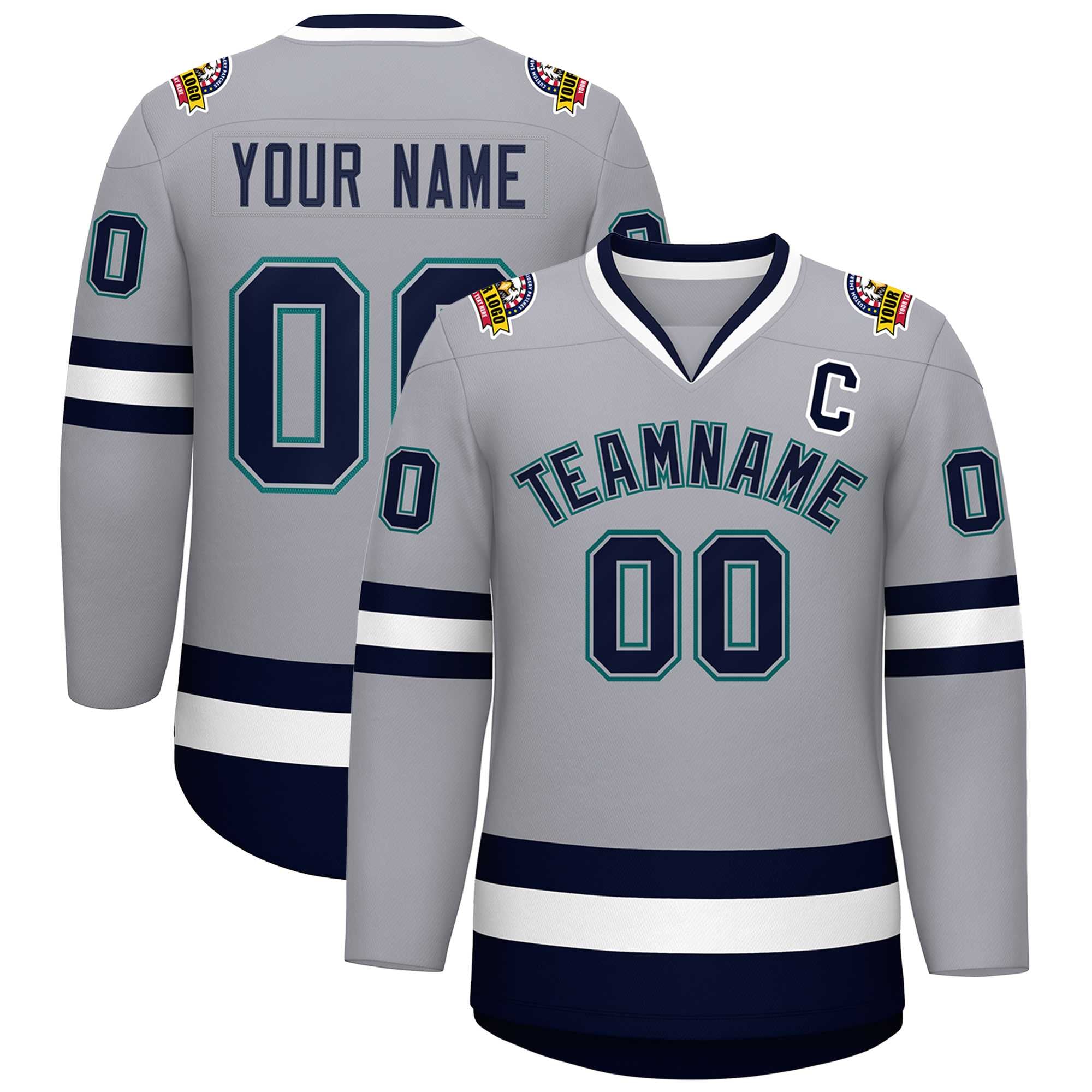 Custom Gray Navy Gray-Aqua Classic Style Hockey Jersey