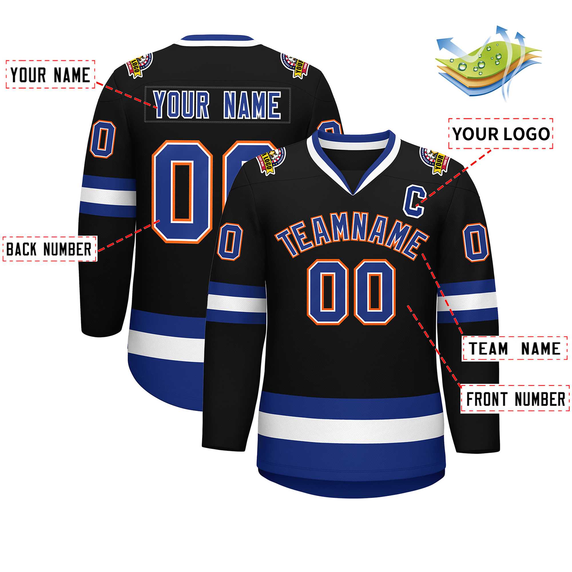 Custom Black Royal White-Orange Classic Style Hockey Jersey