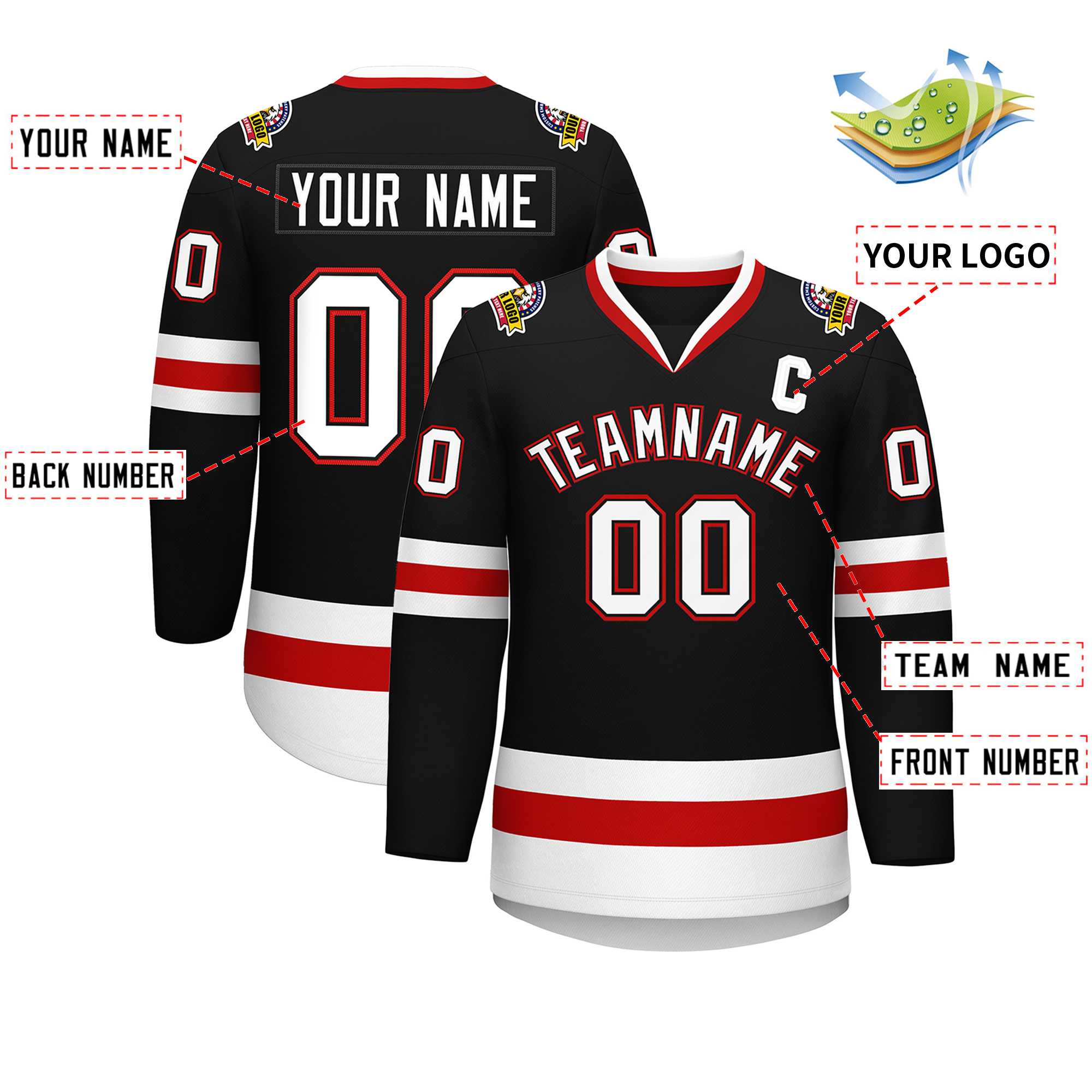 Custom Black White Black-Red Classic Style Hockey Jersey