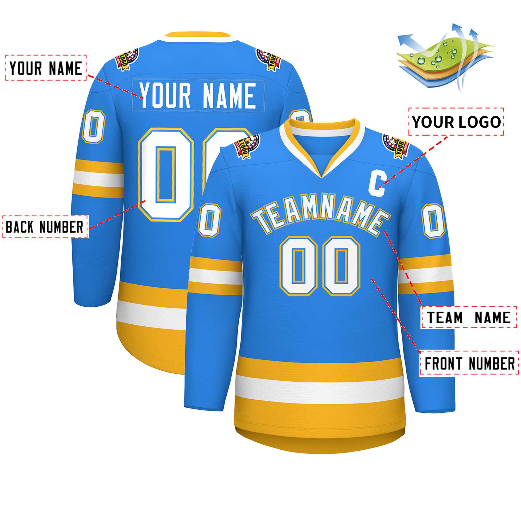 Custom Powder Blue White Powder Blue-Gold Classic Style Hockey Jersey