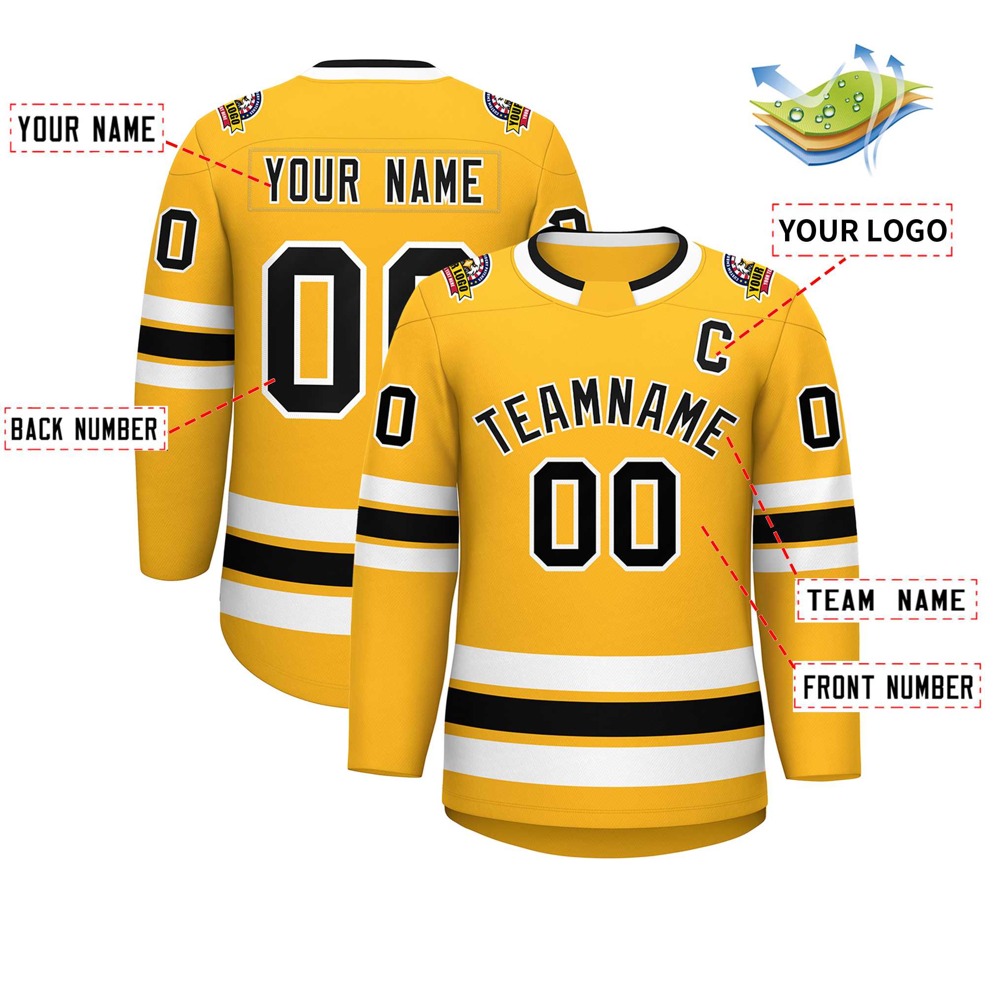 Custom Gold Black-White Classic Style Hockey Jersey