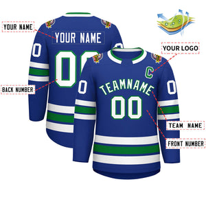 Custom Royal White-Kelly Green Classic Style Hockey Jersey