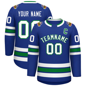 Custom Royal White-Kelly Green Classic Style Hockey Jersey