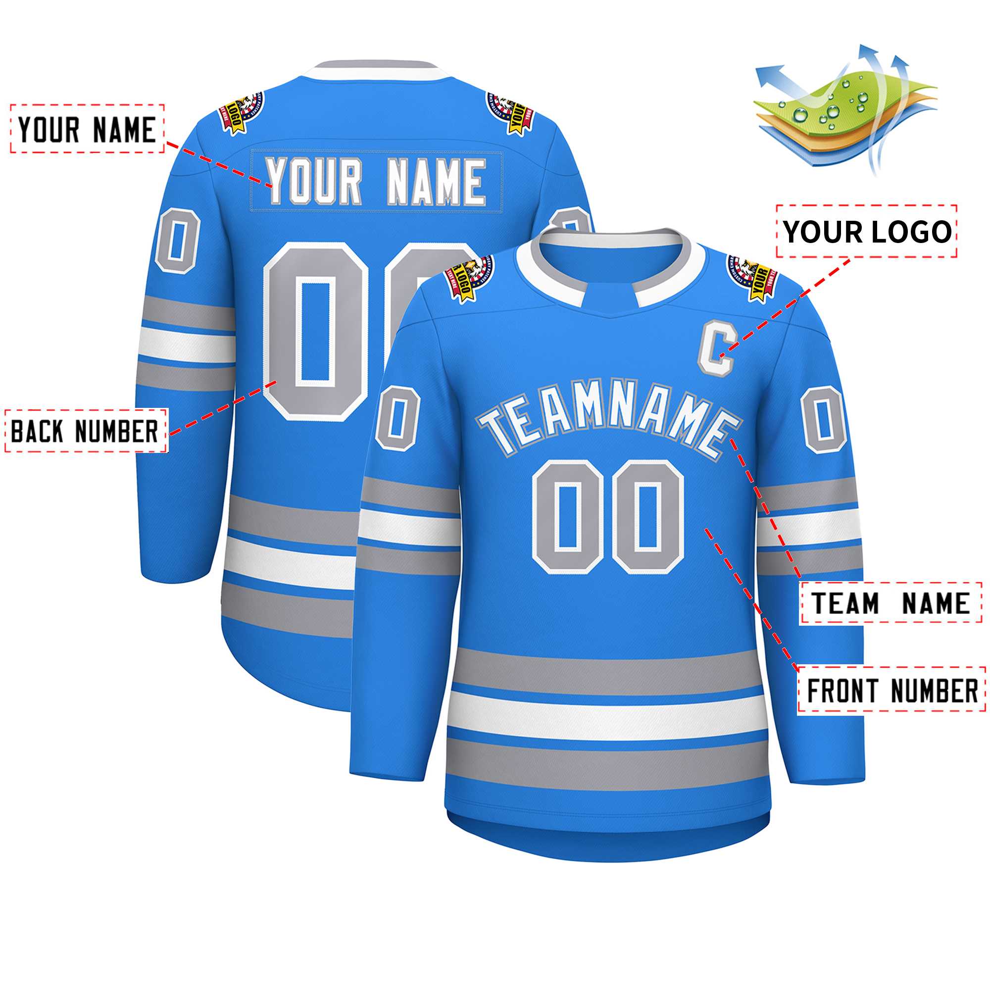 Custom Powder Blue White Powder Blue-Gray Classic Style Hockey Jersey