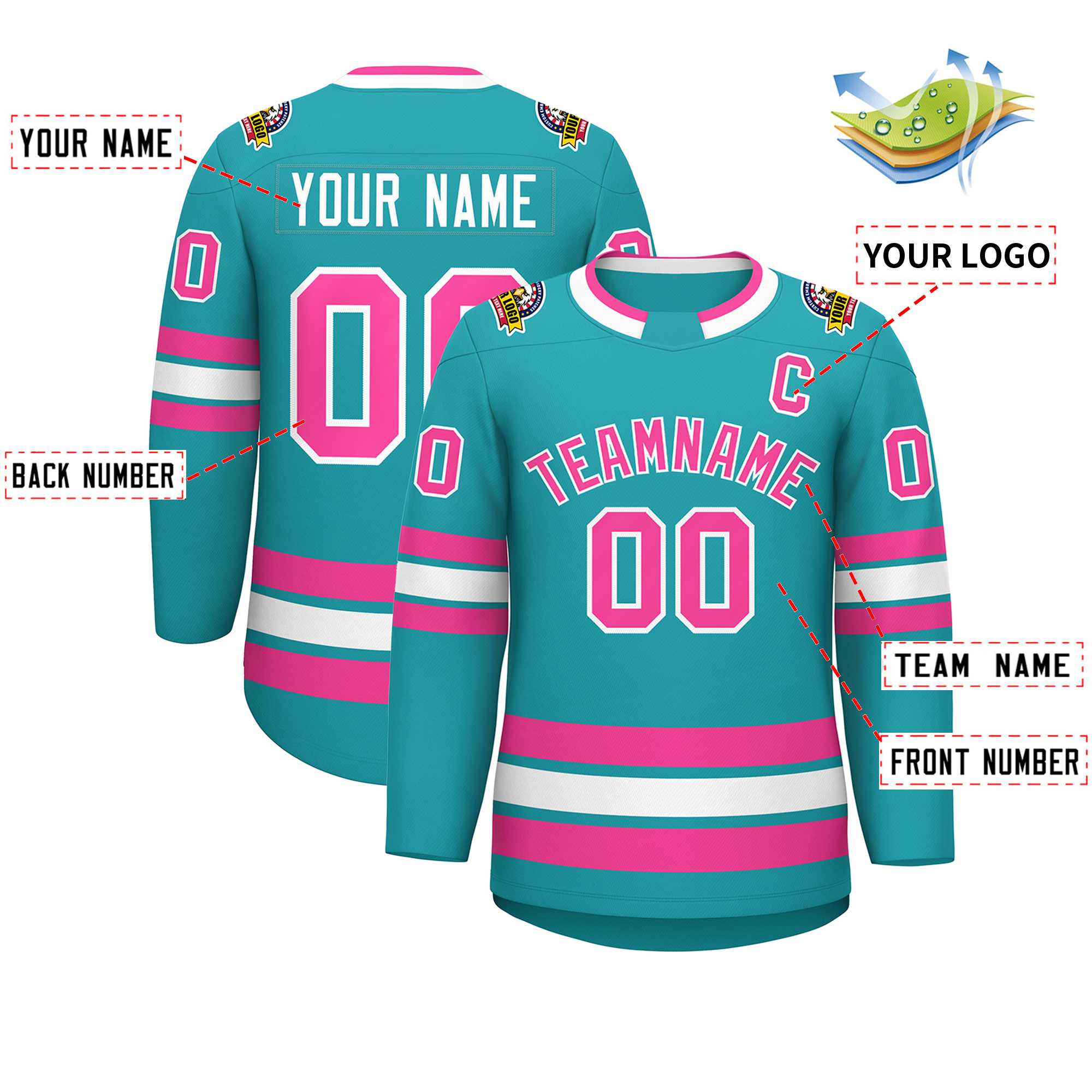 Maillot de hockey de style classique Aqua rose-blanc personnalisé