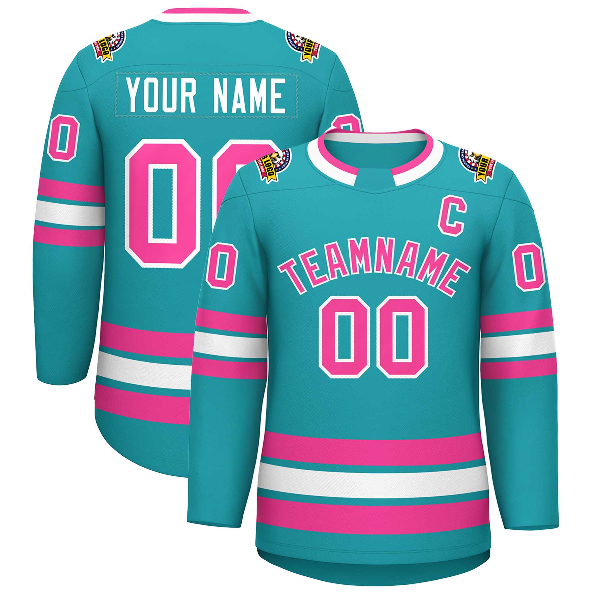 Maillot de hockey de style classique Aqua rose-blanc personnalisé