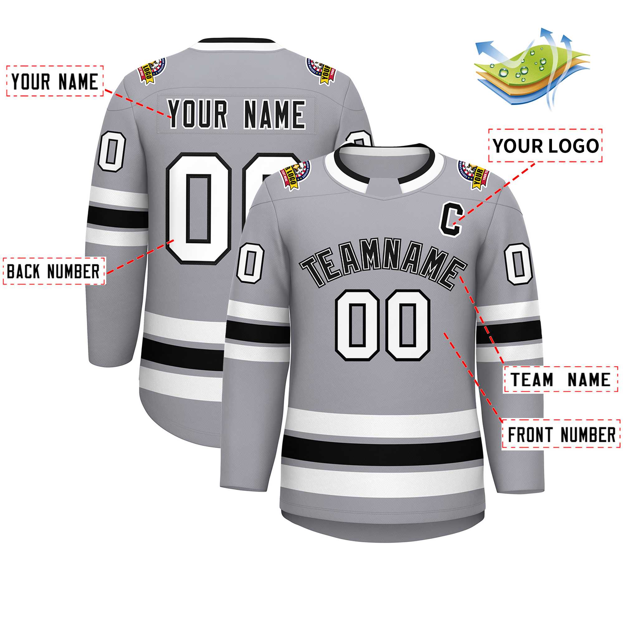 Maillot de hockey de style classique personnalisé gris noir blanc-noir