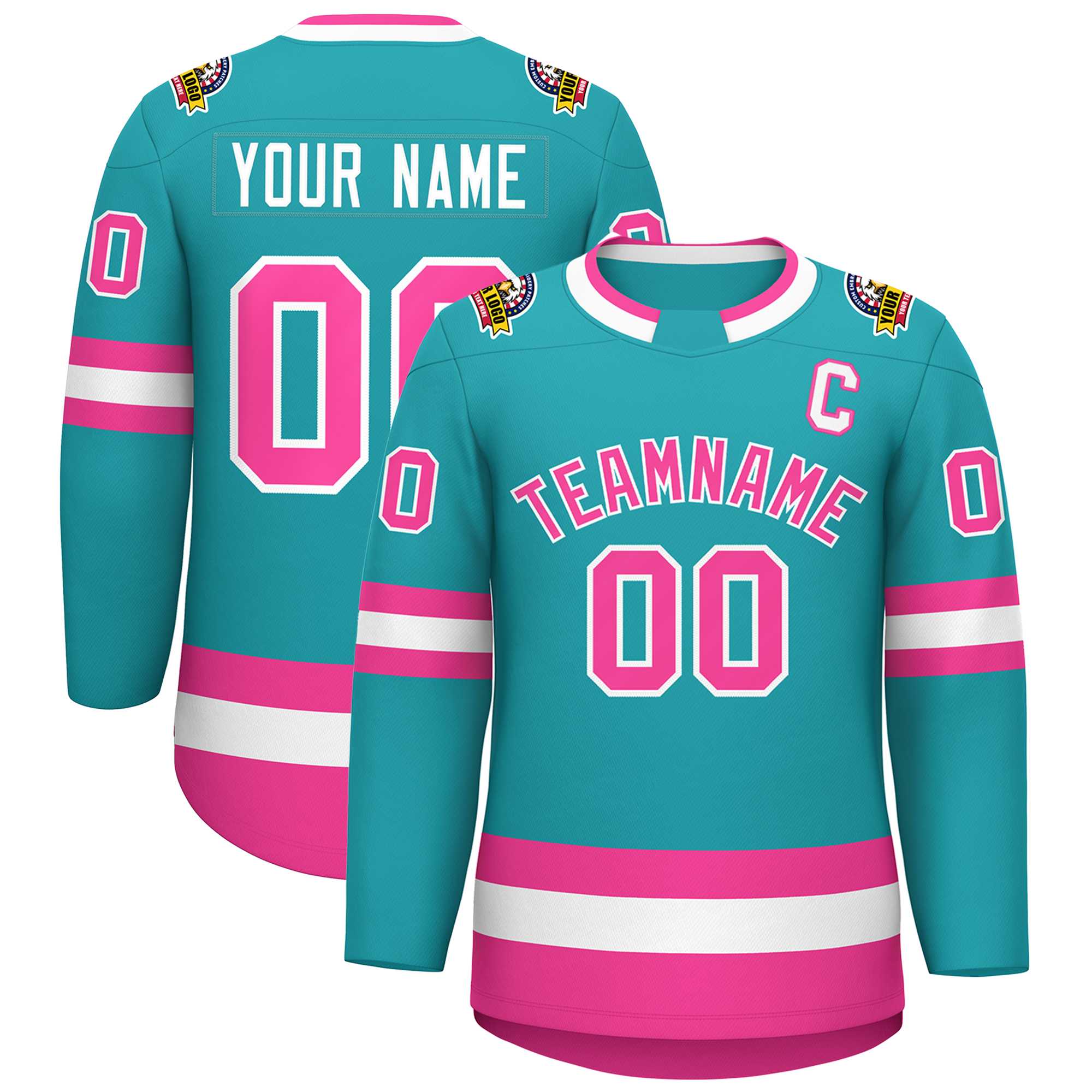 Maillot de hockey de style classique Aqua rose-blanc personnalisé