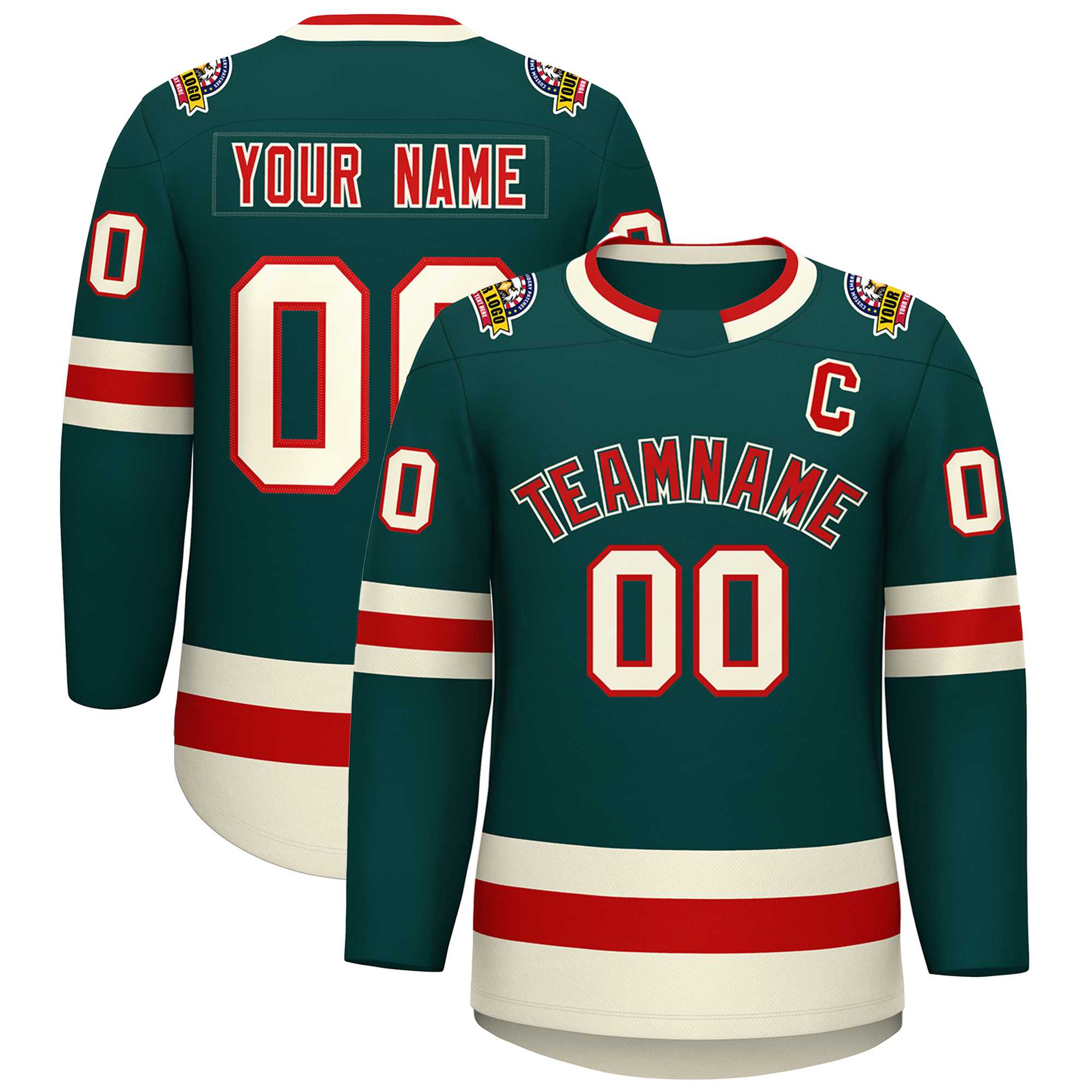 Custom Midnight Green Red Midnight Green-Khaki Classic Style Hockey Jersey