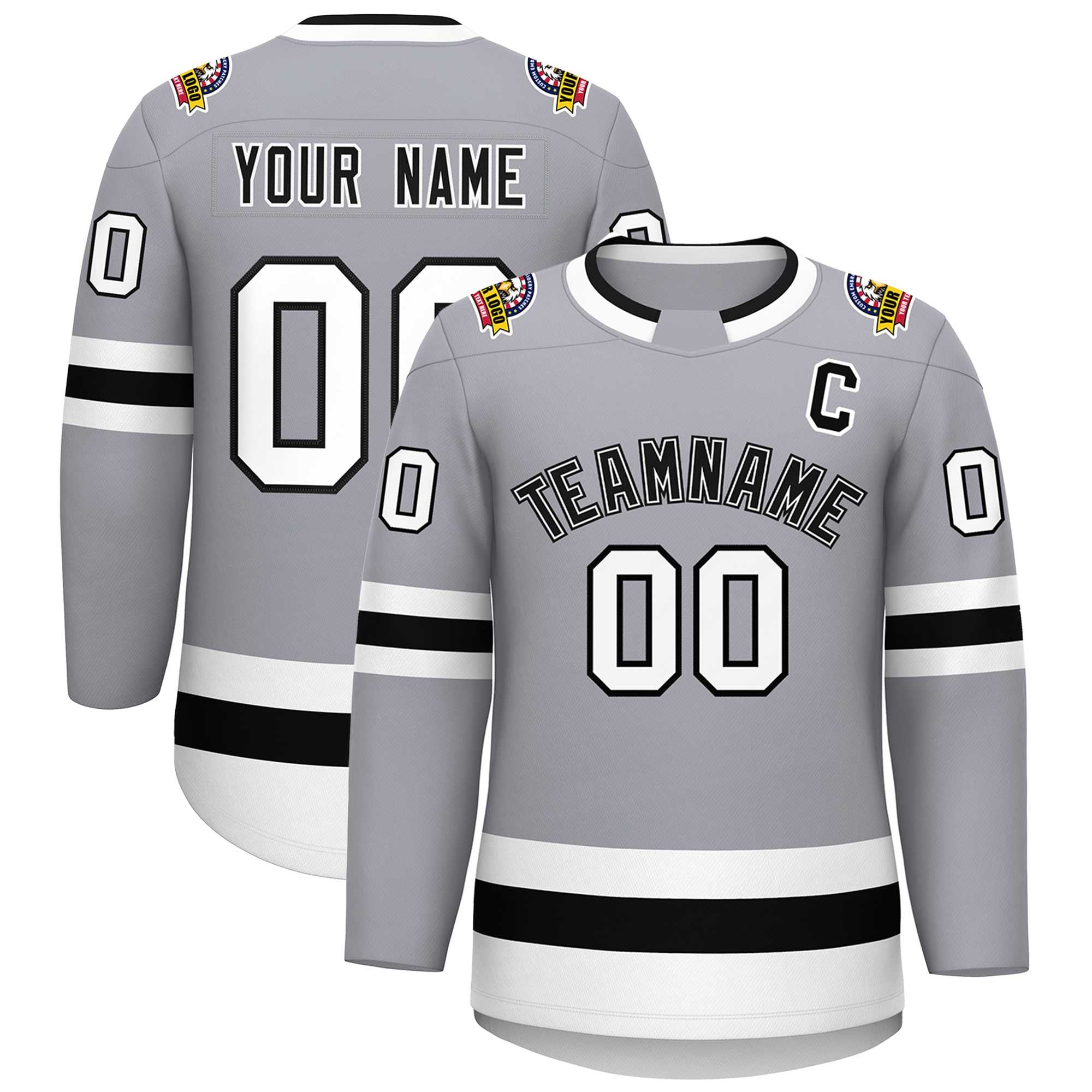 Custom Gray Black White-Black Classic Style Hockey Jersey