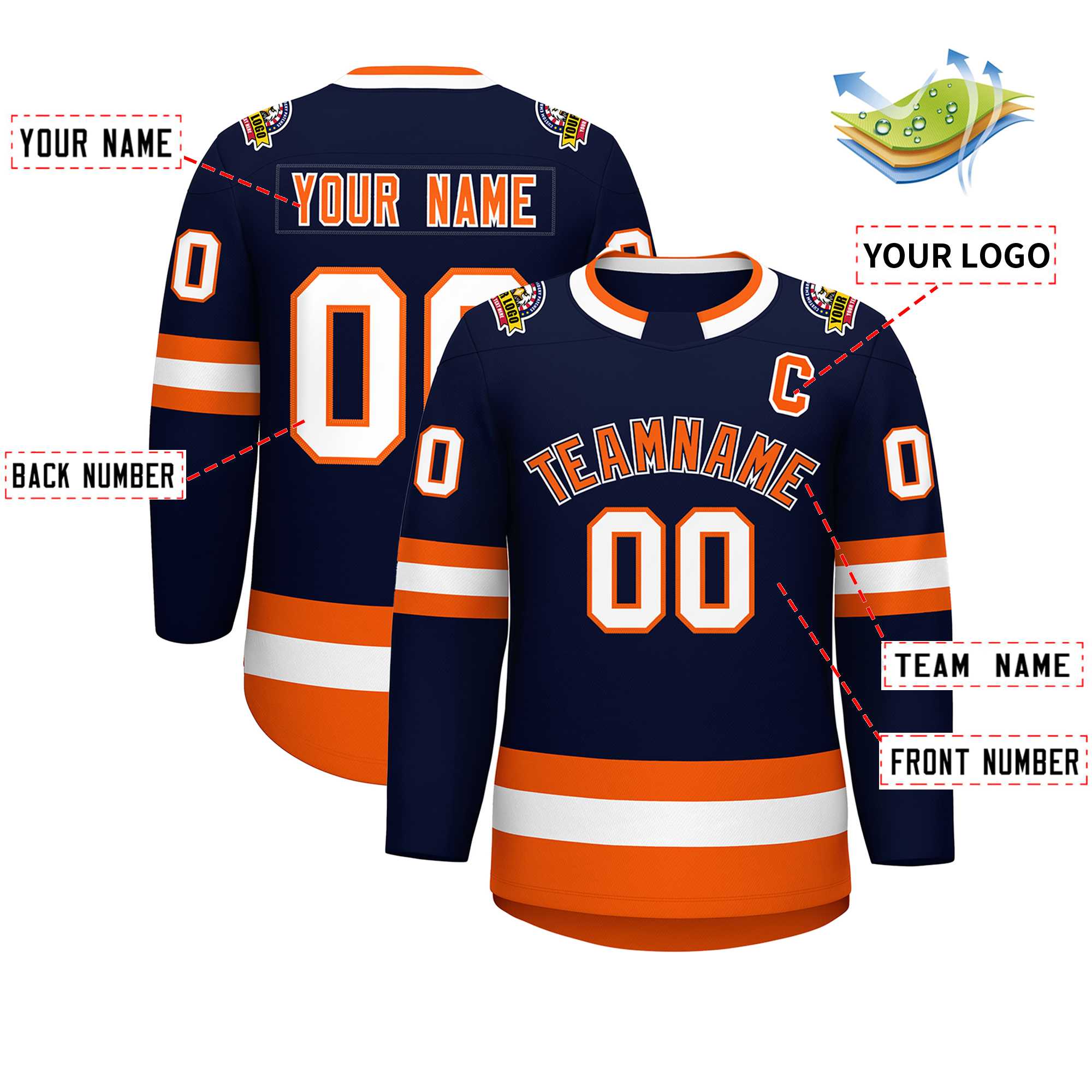 Custom Navy Orange Navy-White Classic Style Hockey Jersey