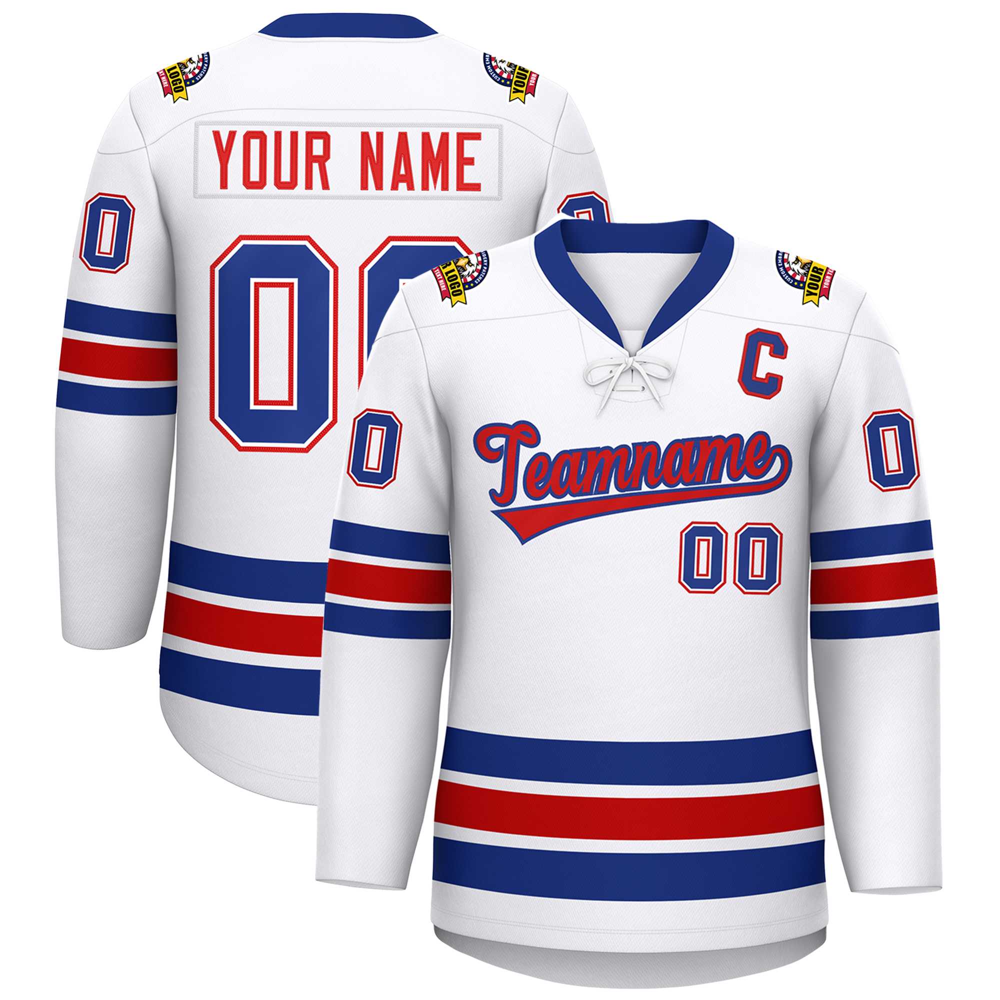 Custom White Royal-Red Lace-Up Neck Hockey Jersey