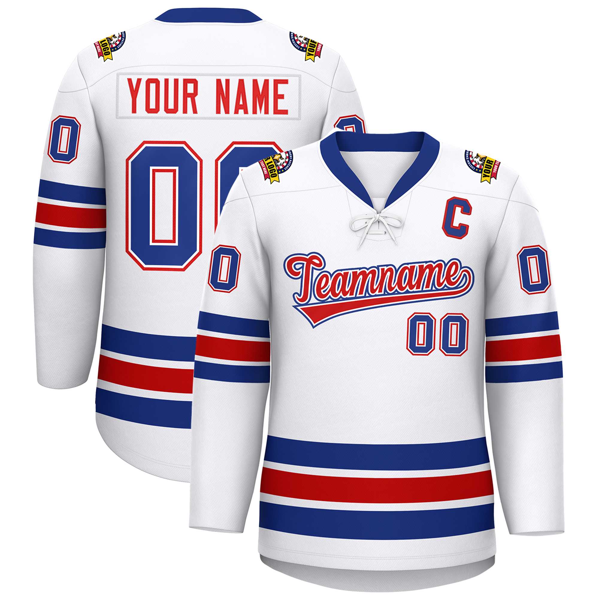 Custom White Royal-Red Lace-Up Neck Hockey Jersey