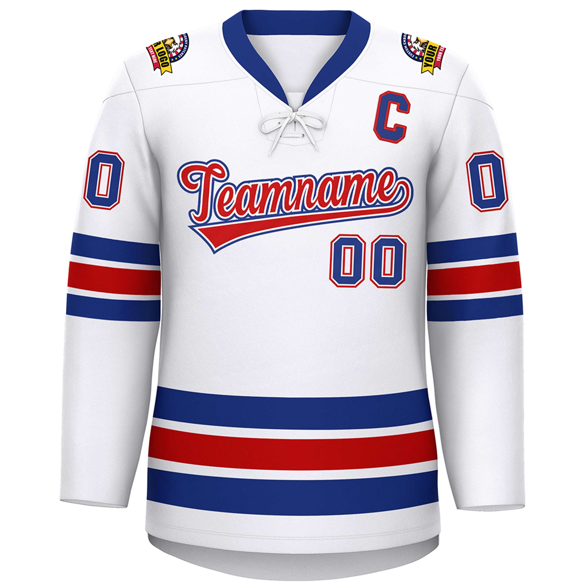 Custom White Royal-Red Lace-Up Neck Hockey Jersey