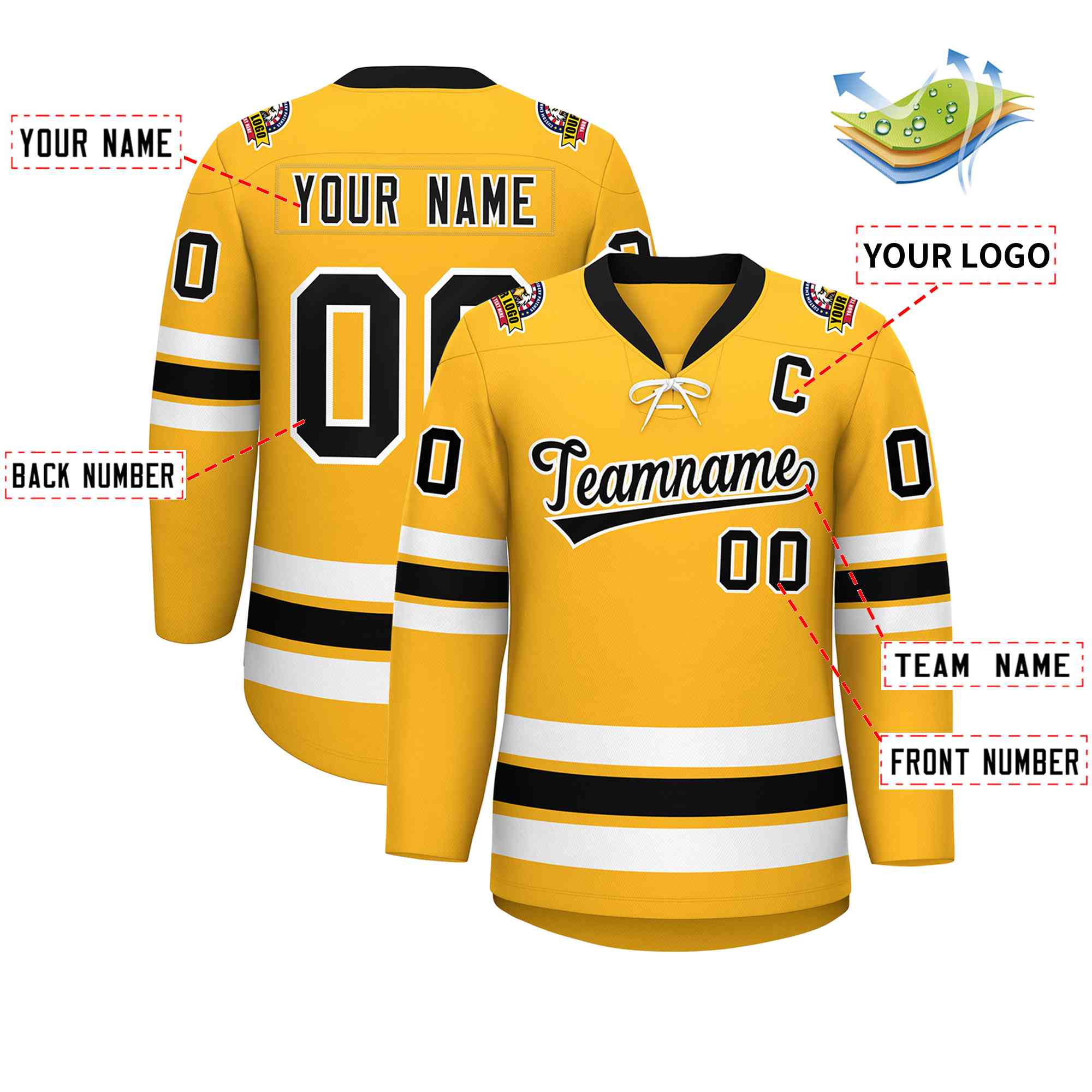 Custom Gold Black-White Lace-Up Neck Hockey Jersey