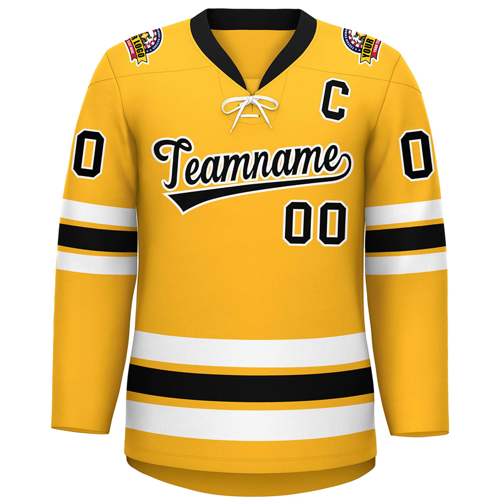 Custom Gold Black-White Lace-Up Neck Hockey Jersey