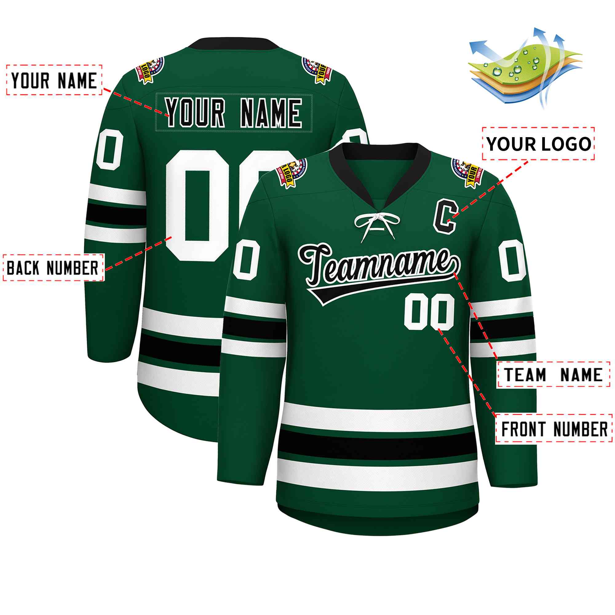 Custom Green Black-White Lace-Up Neck Hockey Jersey