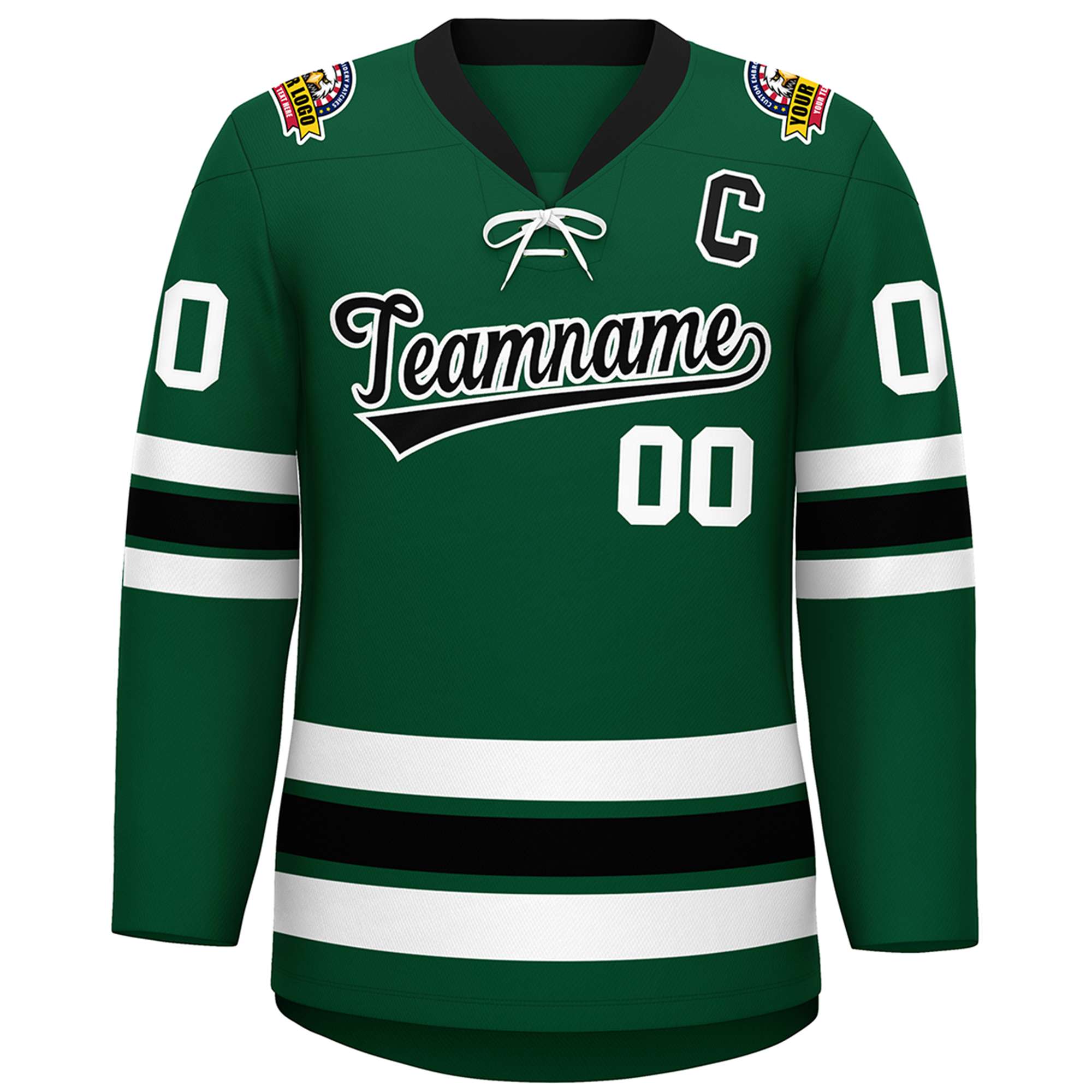 Custom Green Black-White Lace-Up Neck Hockey Jersey