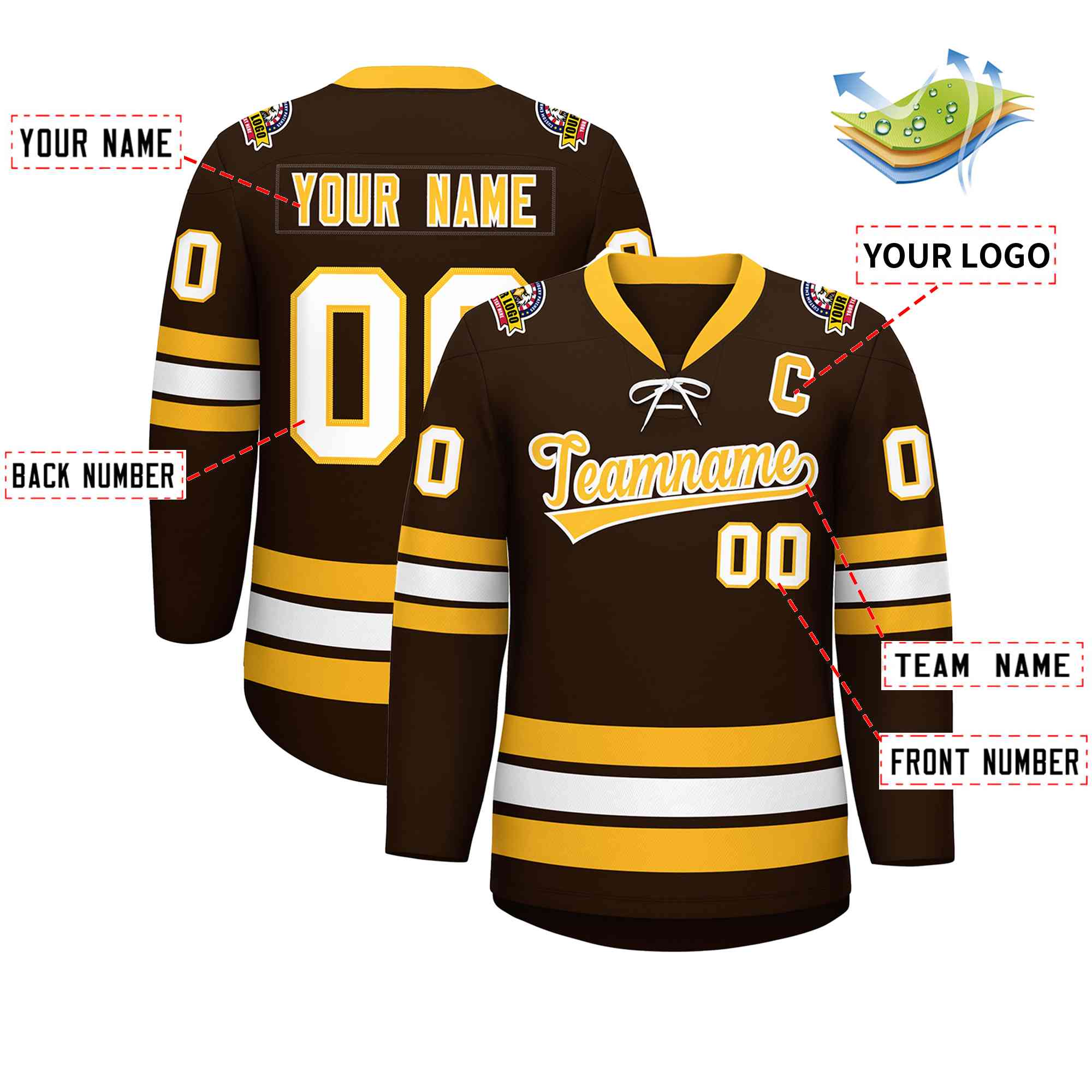 Custom Brown Yellow-White Lace-Up Neck Hockey Jersey