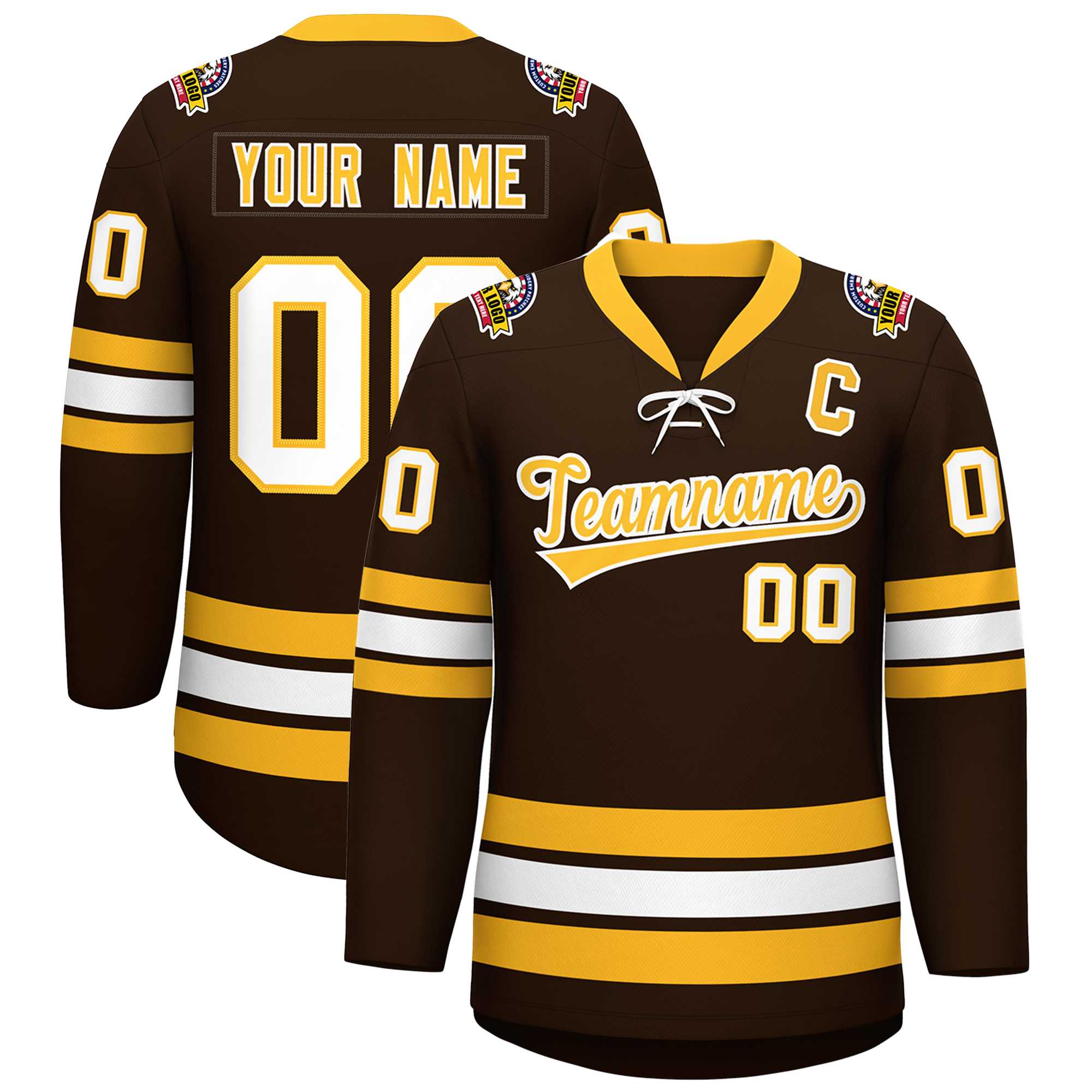 Custom Brown Yellow-White Lace-Up Neck Hockey Jersey