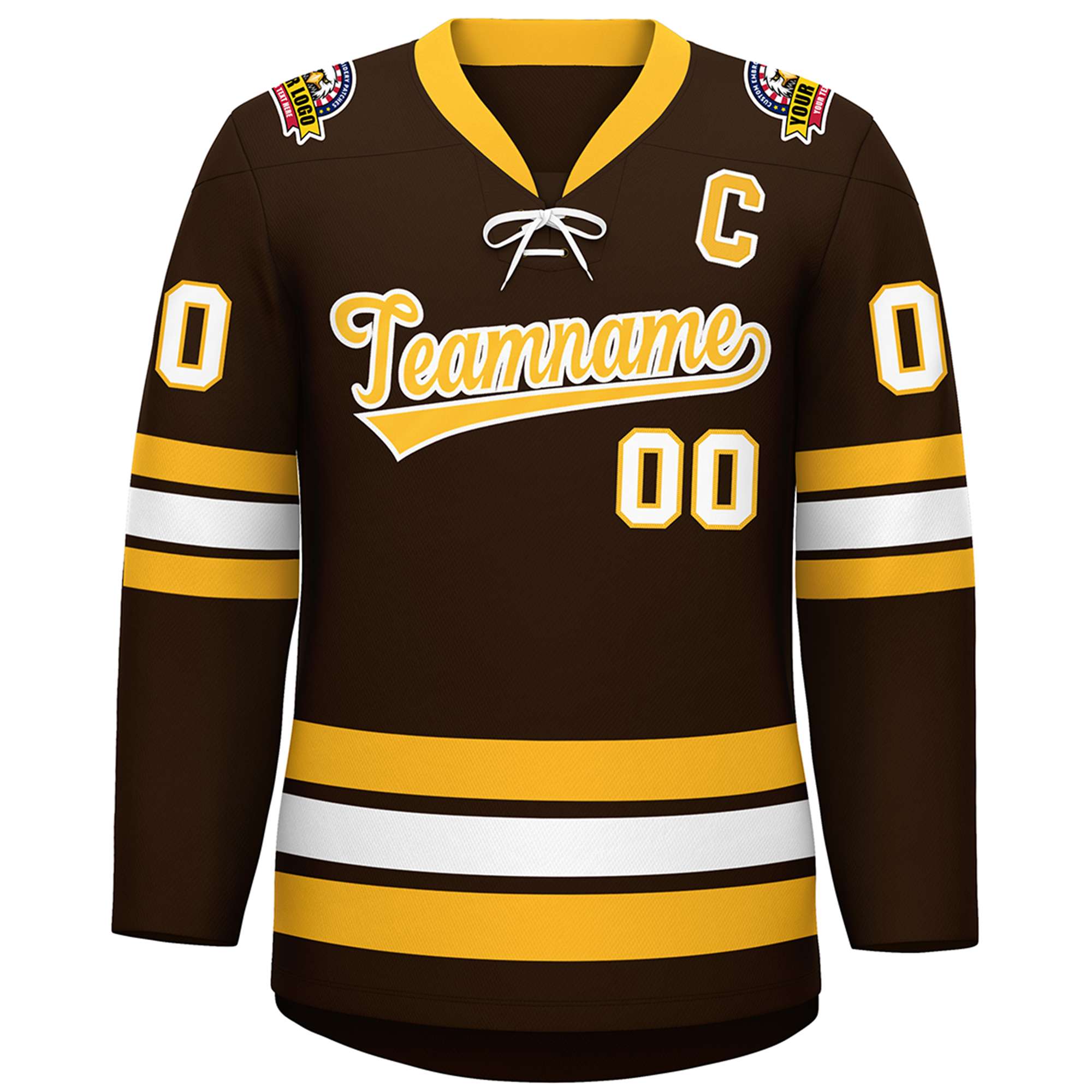 Custom Brown Yellow-White Lace-Up Neck Hockey Jersey