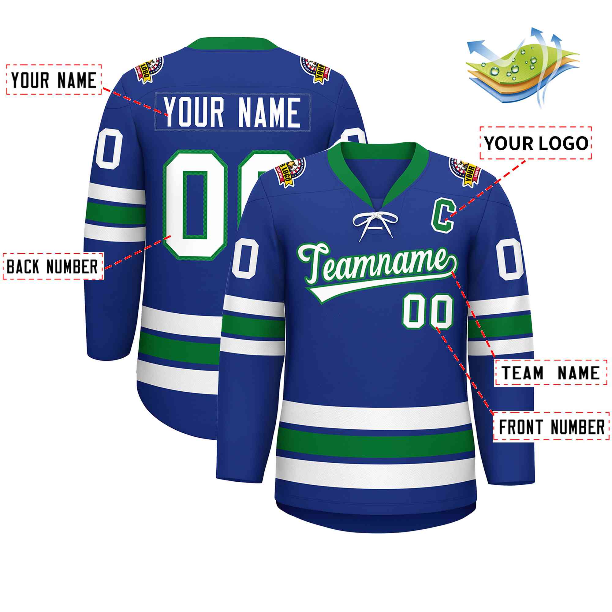 Custom Royal White-Kelly Green Lace-Up Neck Hockey Jersey