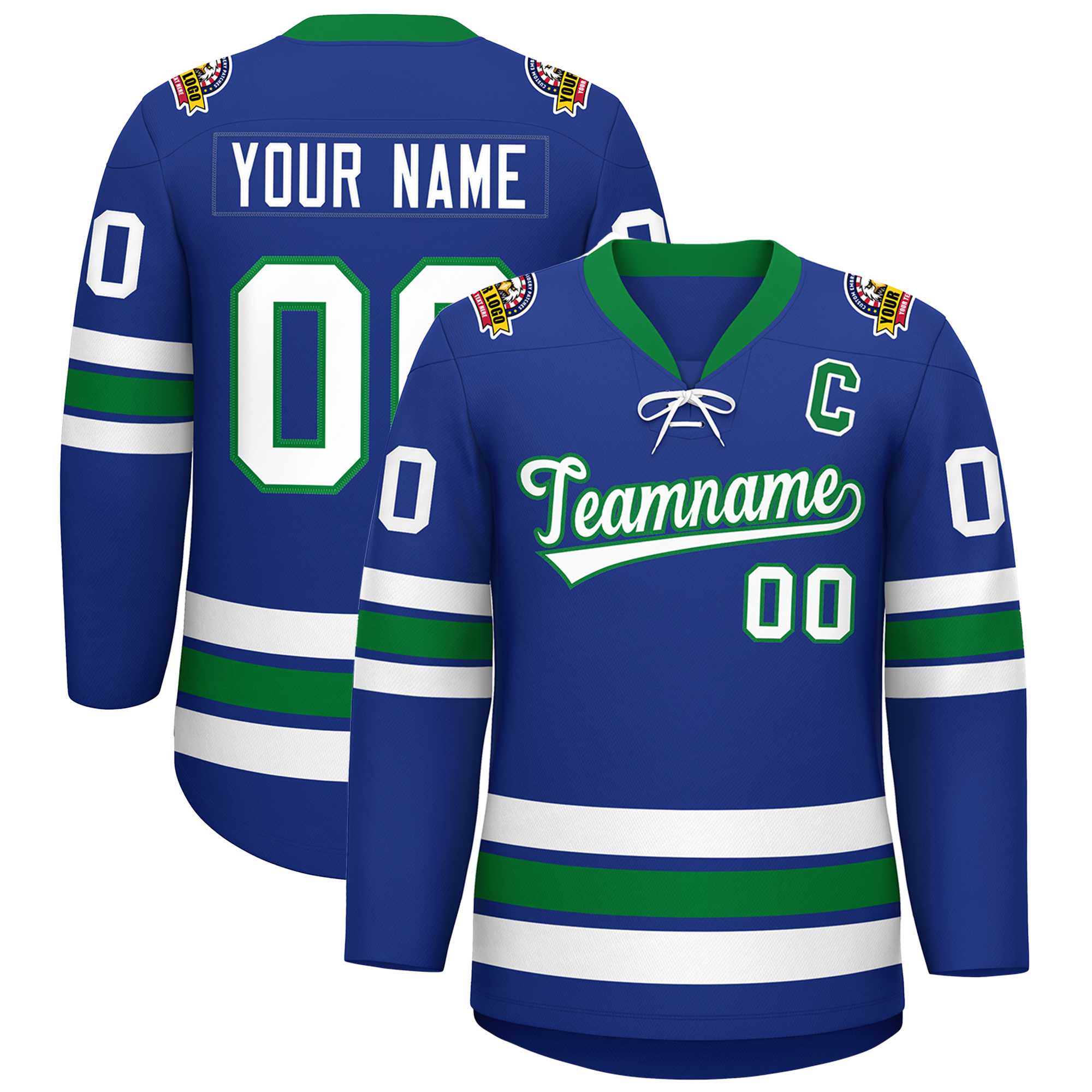 Custom Royal White-Kelly Green Lace-Up Neck Hockey Jersey