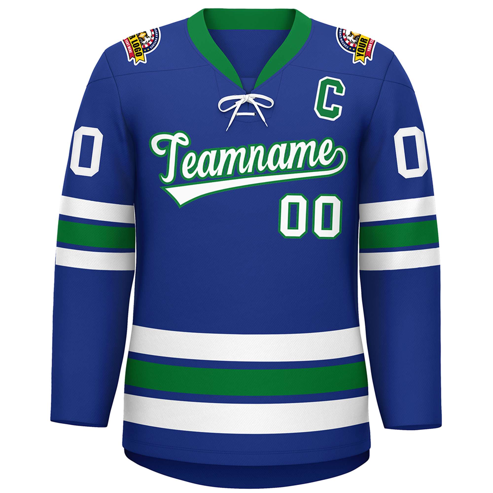 Custom Royal White-Kelly Green Lace-Up Neck Hockey Jersey