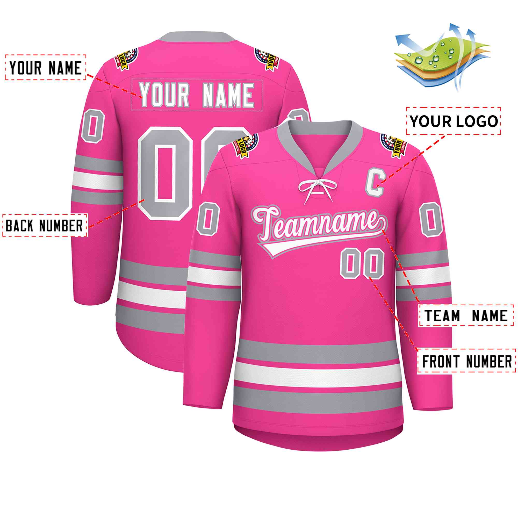 Custom Pink White-Gray Lace-Up Neck Hockey Jersey