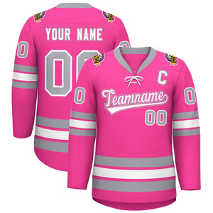 Custom Pink White-Gray Lace-Up Neck Hockey Jersey