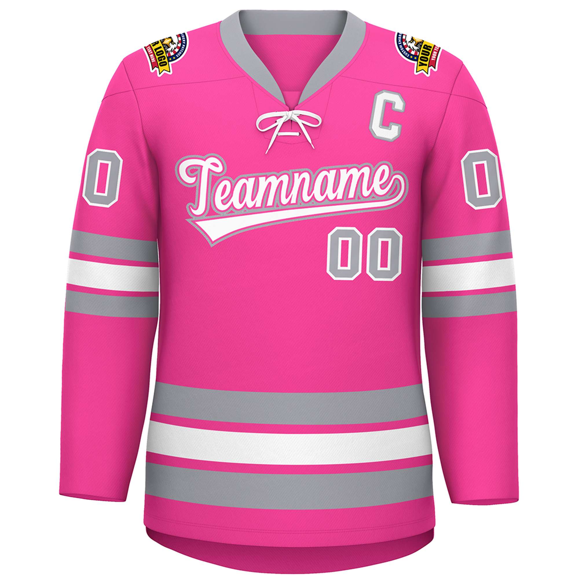 Custom Pink White-Gray Lace-Up Neck Hockey Jersey