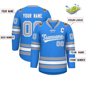 Custom Powder Blue White-Gray Lace-Up Neck Hockey Jersey