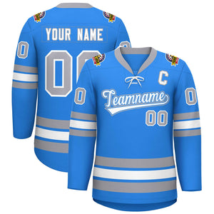 Custom Powder Blue White-Gray Lace-Up Neck Hockey Jersey