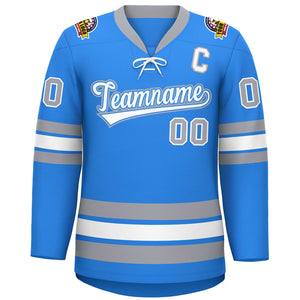 Custom Powder Blue White-Gray Lace-Up Neck Hockey Jersey