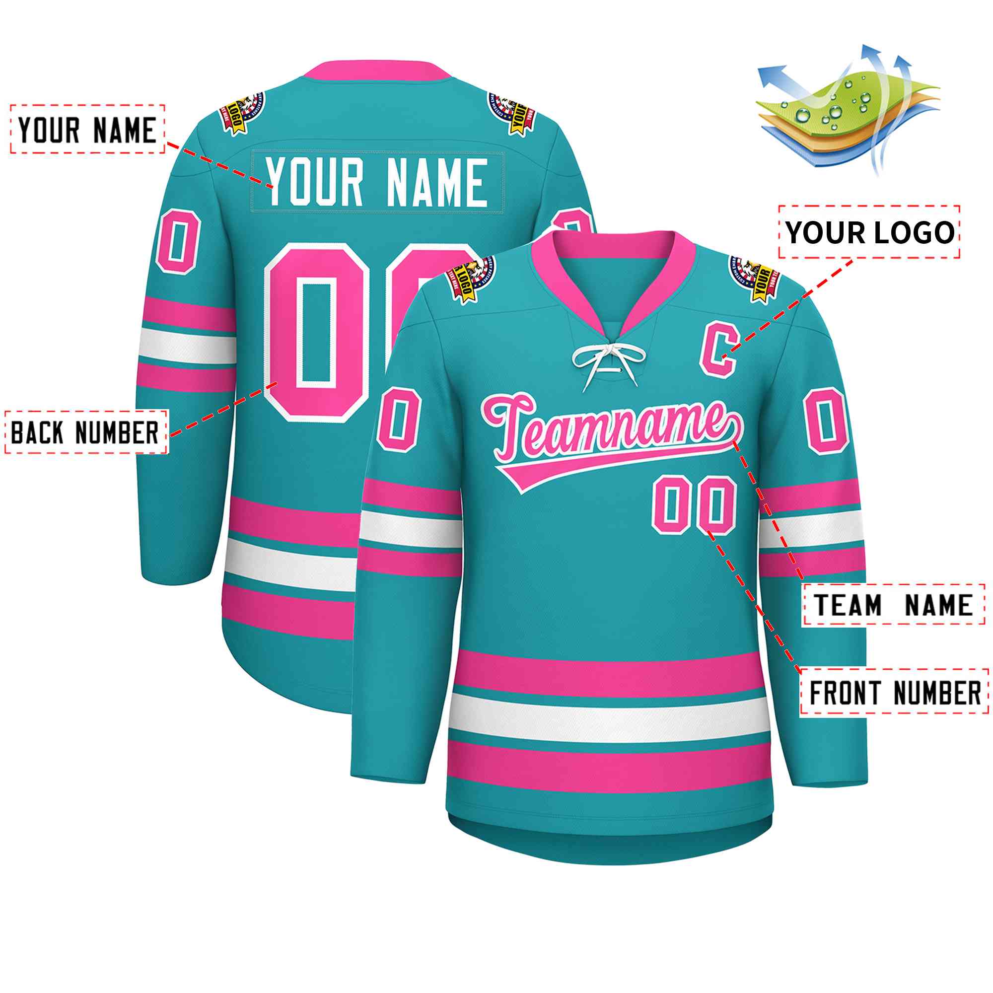 Custom Aqua Pink-White Lace-Up Neck Hockey Jersey