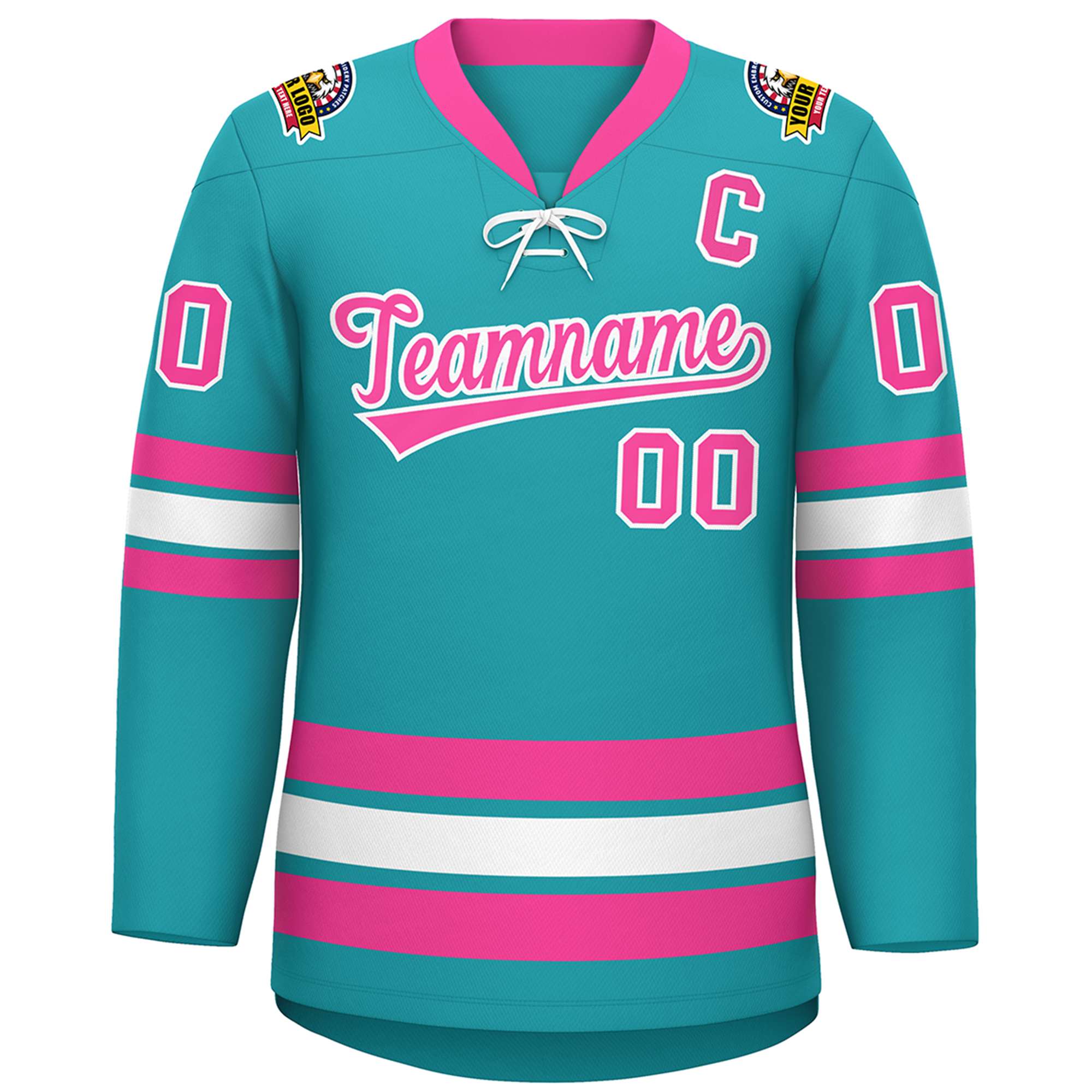 Custom Aqua Pink-White Lace-Up Neck Hockey Jersey