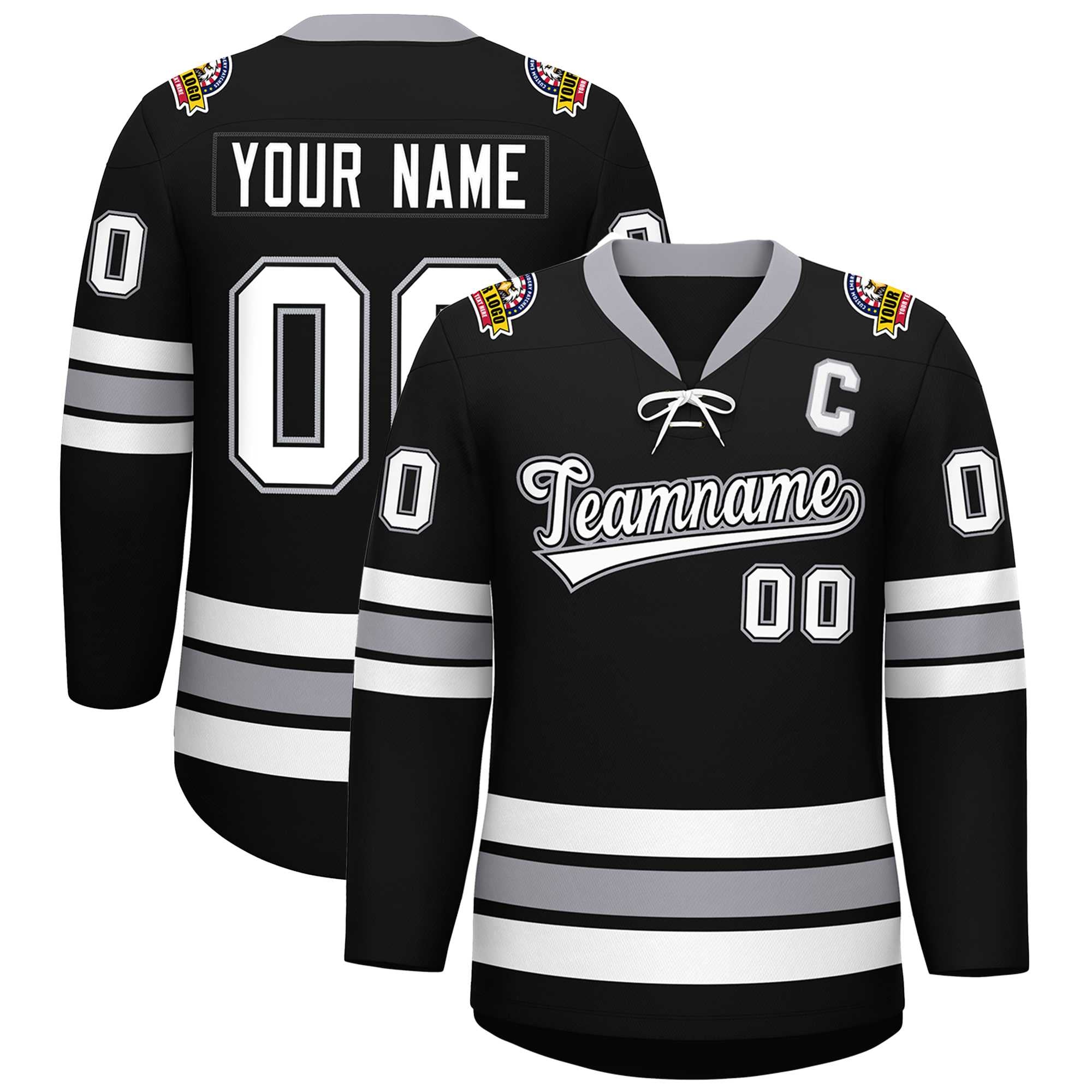 Custom Black White-Gray Lace-Up Neck Hockey Jersey