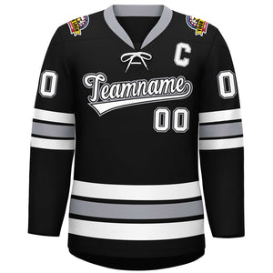 Custom Black White-Gray Lace-Up Neck Hockey Jersey