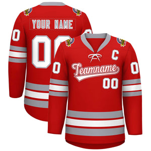 Custom Red White-Gray Lace-Up Neck Hockey Jersey