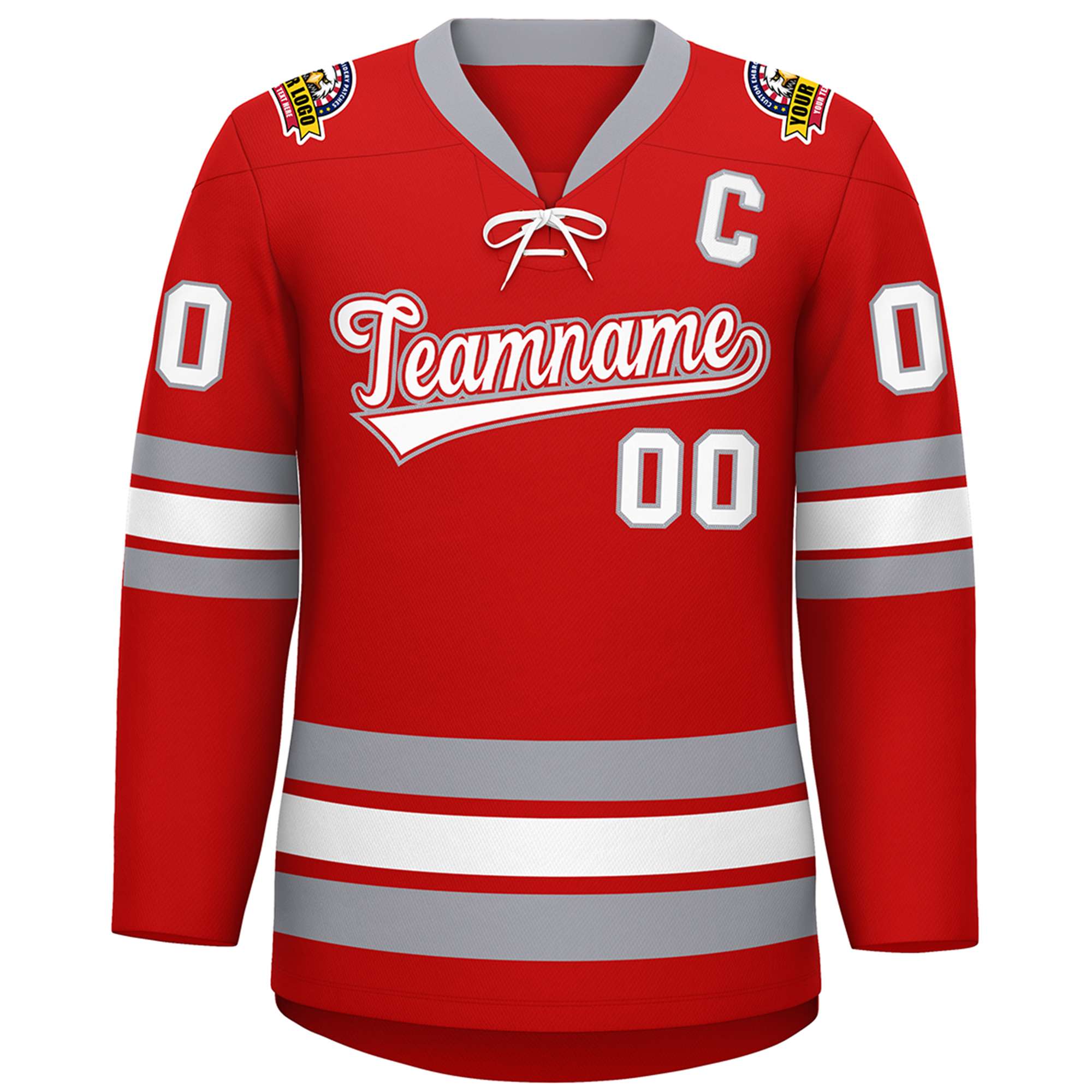 Custom Red White-Gray Lace-Up Neck Hockey Jersey