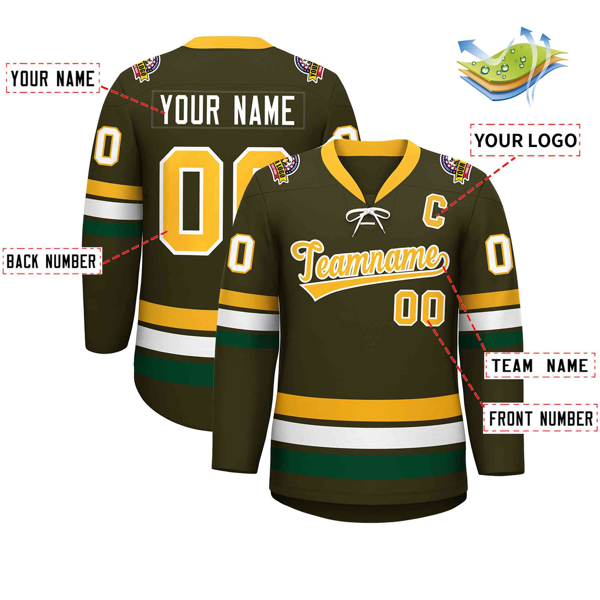 Custom Olive Yellow-White Lace-Up Neck Hockey Jersey