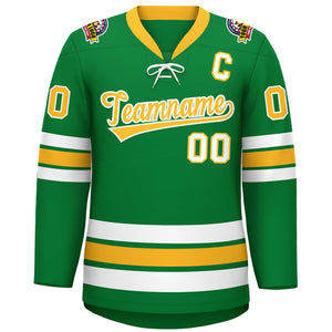 Custom Kelly Green Yellow-White Lace-Up Neck Hockey Jersey