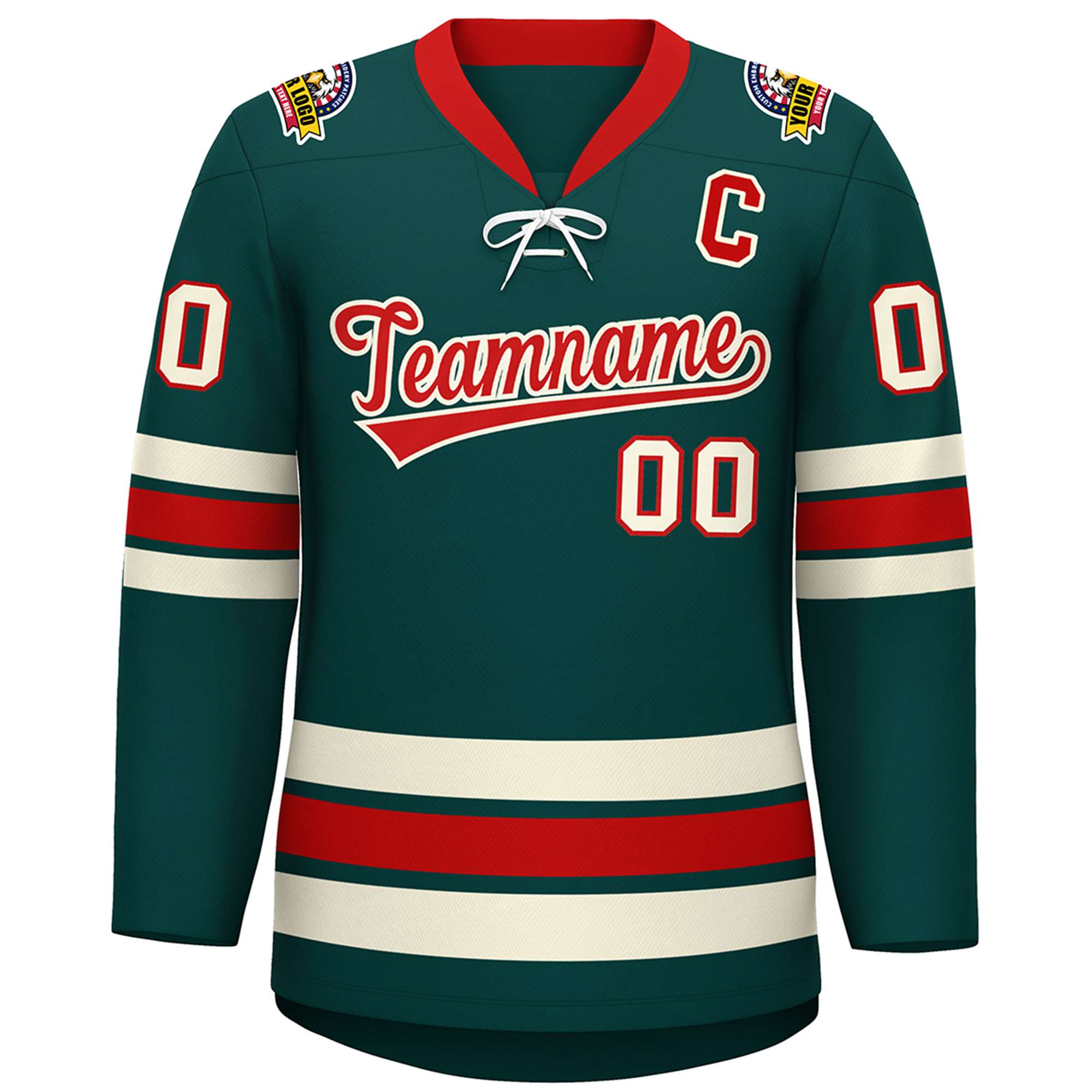 Custom Midnight Green Red-Cream Lace-Up Neck Hockey Jersey