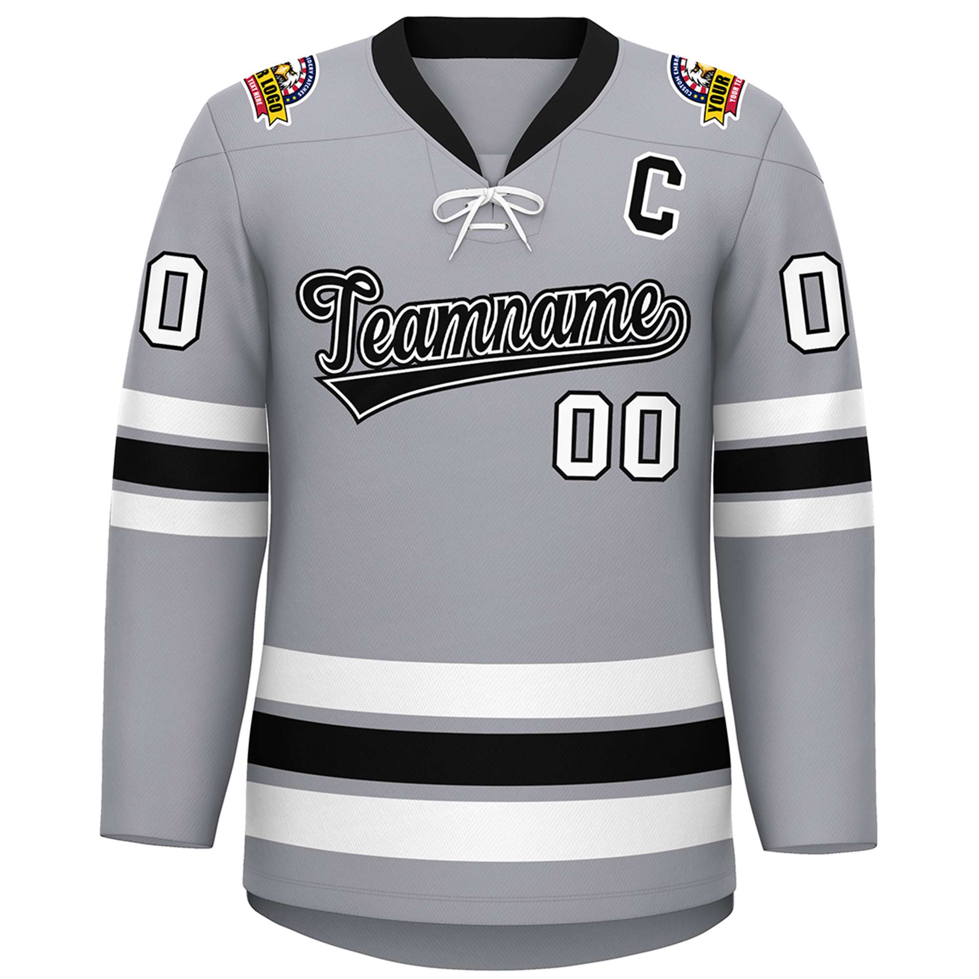 Custom Gray Black-White Lace-Up Neck Hockey Jersey