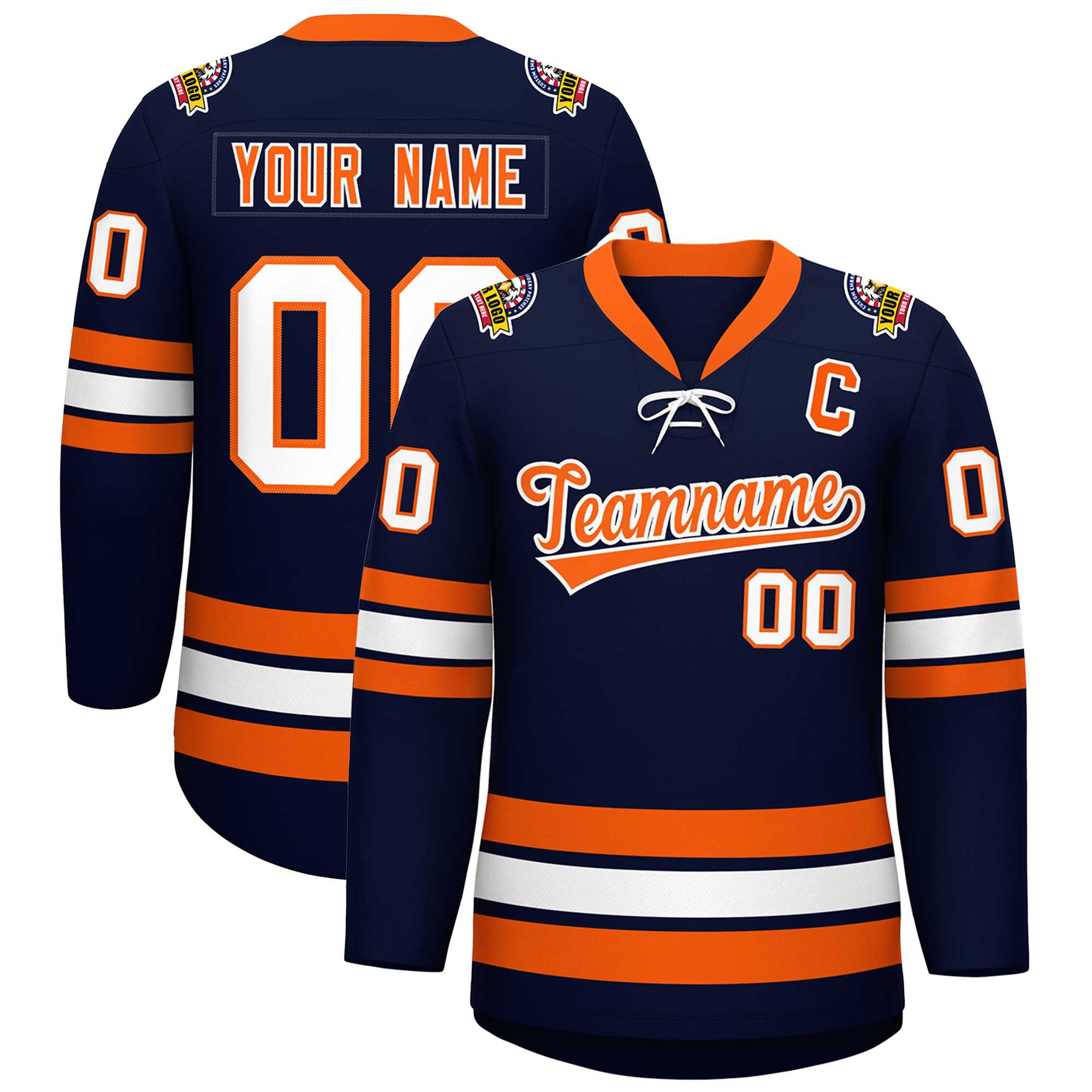 Custom Navy Orange-White Lace-Up Neck Hockey Jersey