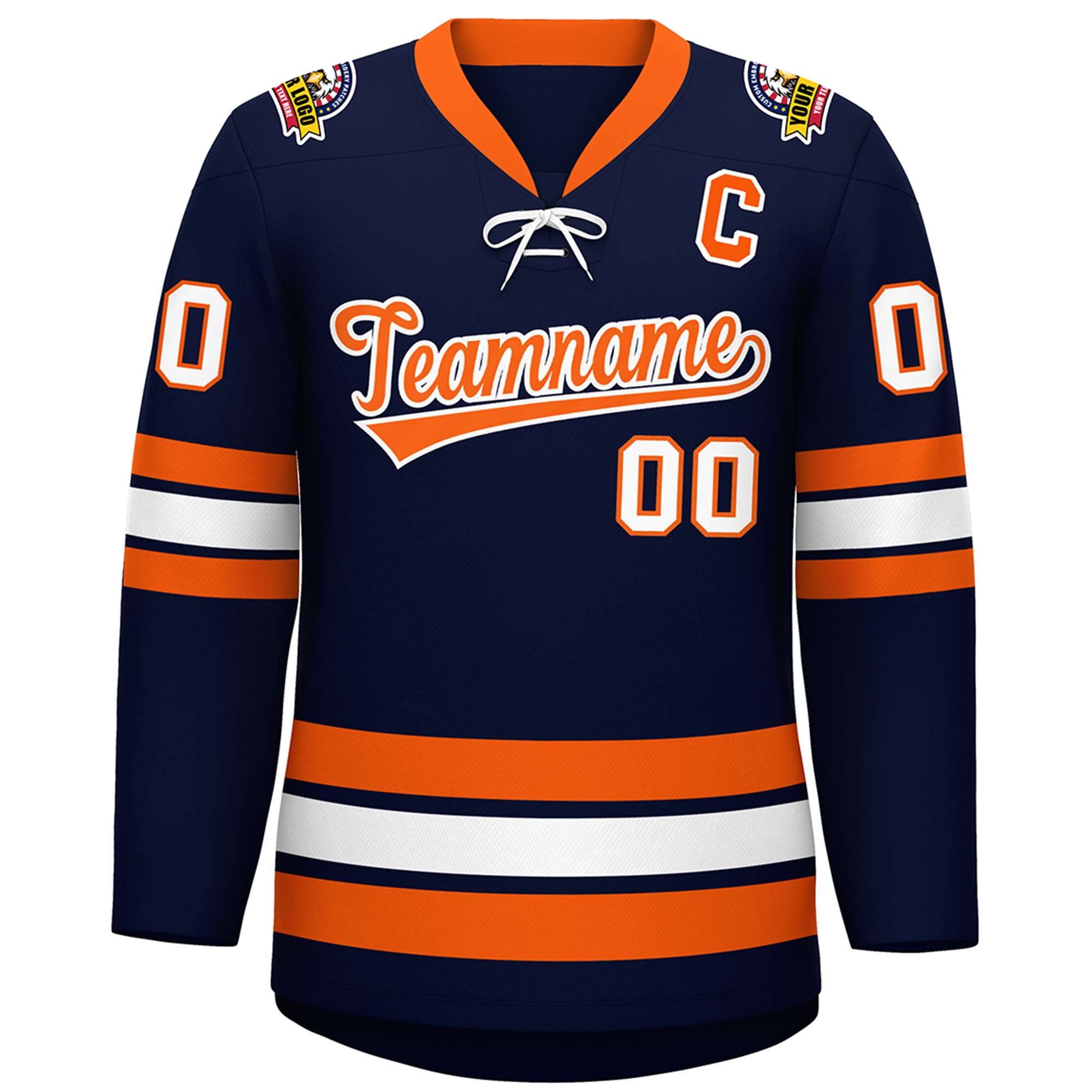 Custom Navy Orange-White Lace-Up Neck Hockey Jersey