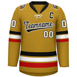 Custom Old Gold Black-White Lace-Up Neck Hockey Jersey