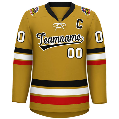 Custom Old Gold Black-White Lace-Up Neck Hockey Jersey