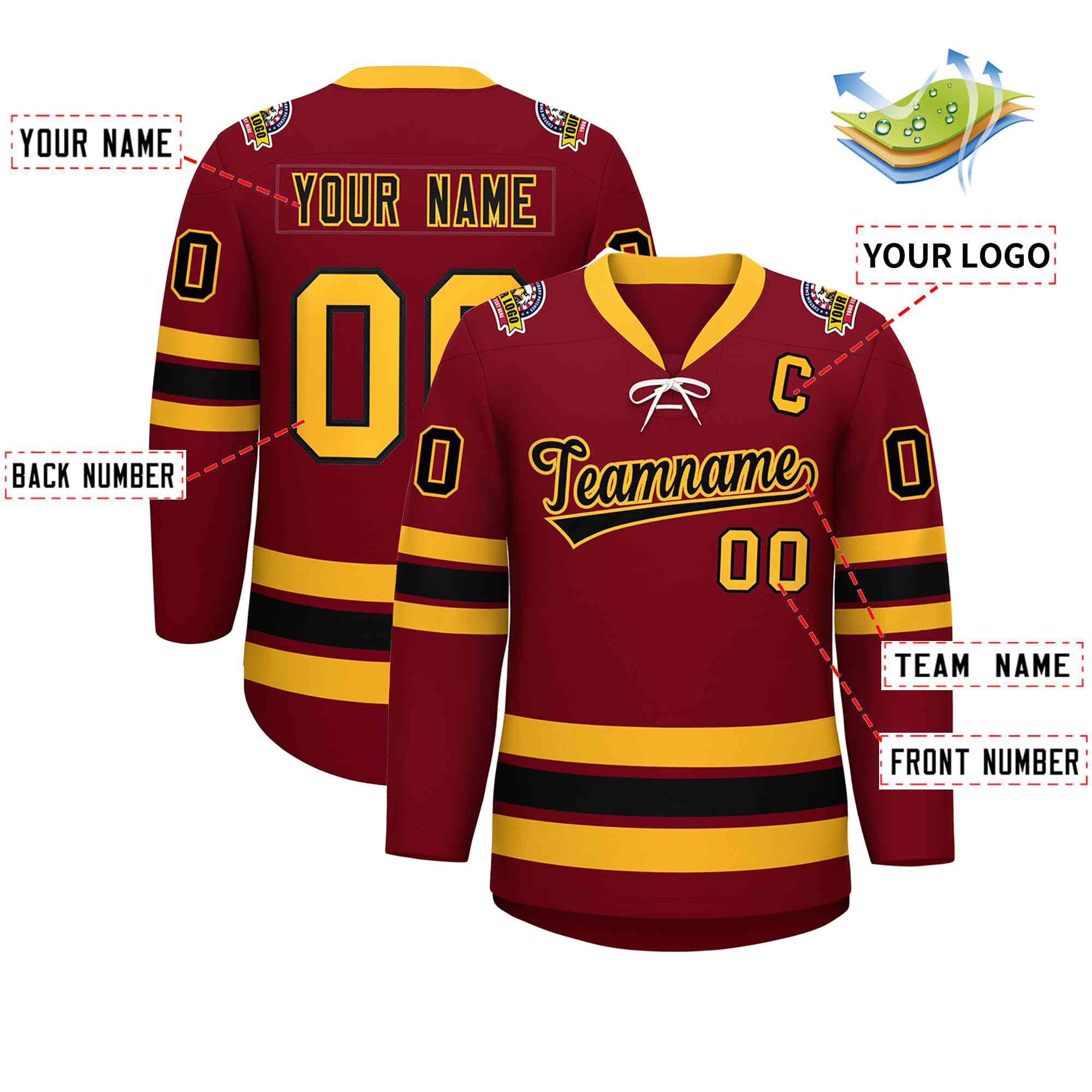 Custom Crimson Black-Yellow Lace-Up Neck Hockey Jersey